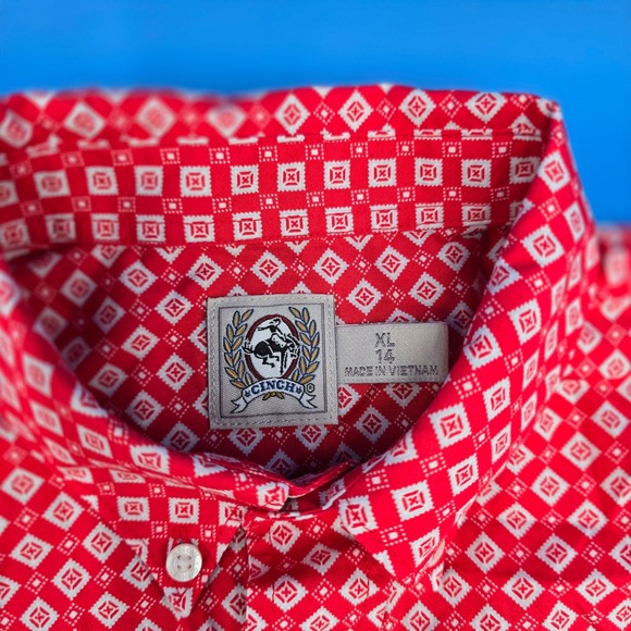 Cinch Kids Long Sleeve Button Up Western Shirt Red White Diamond Print XL 14 - Picture 7 of 8